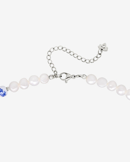 Flower Tile Pearl Necklace Silver