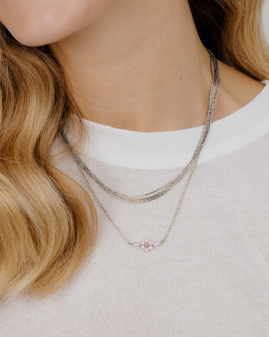 Pretty Pink Daisy Necklace Silver
