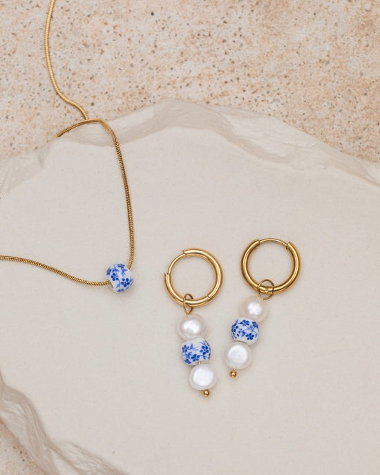 Flower Tile Pearl Hoop Set Small Silver