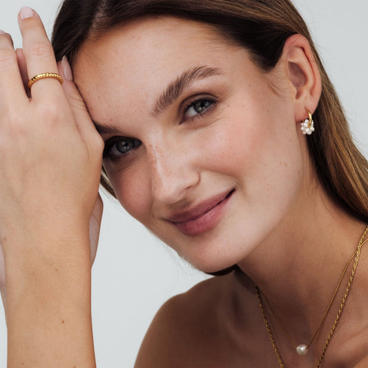Pearl Cluster Hoops Stud Earrings Gold