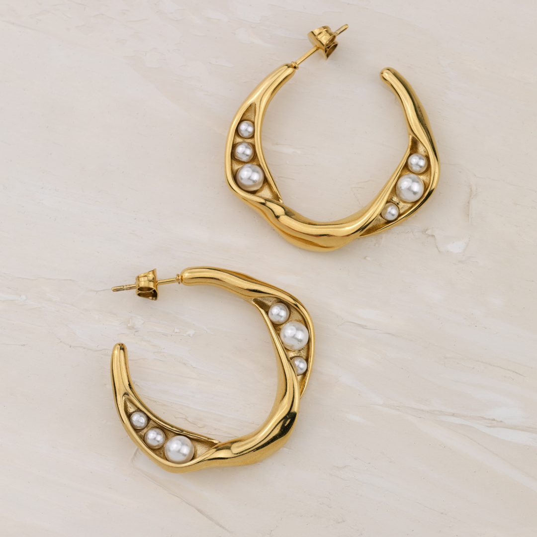 Branch Pearl Hoop Studs Gold