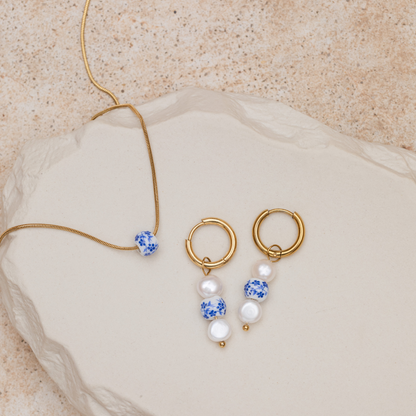 Flower Tile Pearl Hoop Set Small Gold