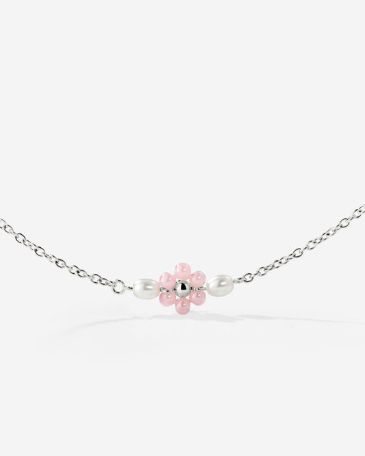 Pretty Pink Daisy Necklace Silver