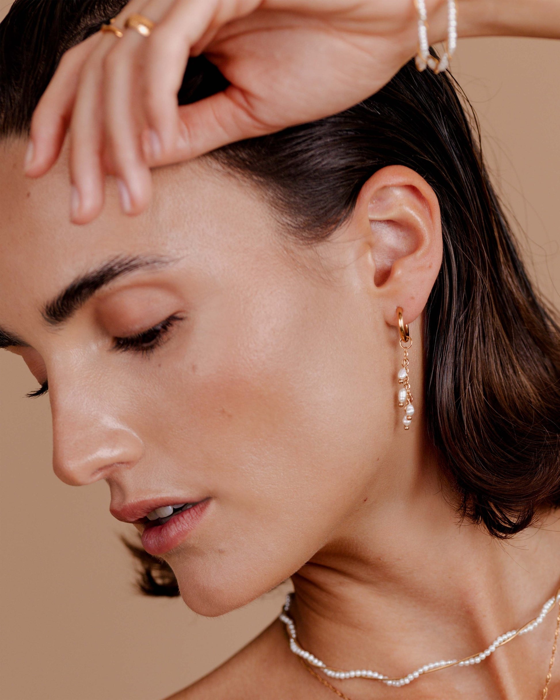 Pearl Chain Hoop Set Small Rose Gold