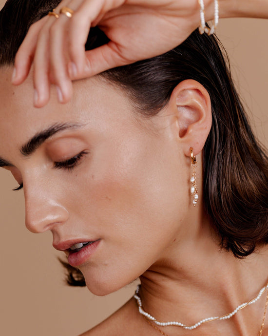 Pearl Chain Hoop Set Small Rose Gold