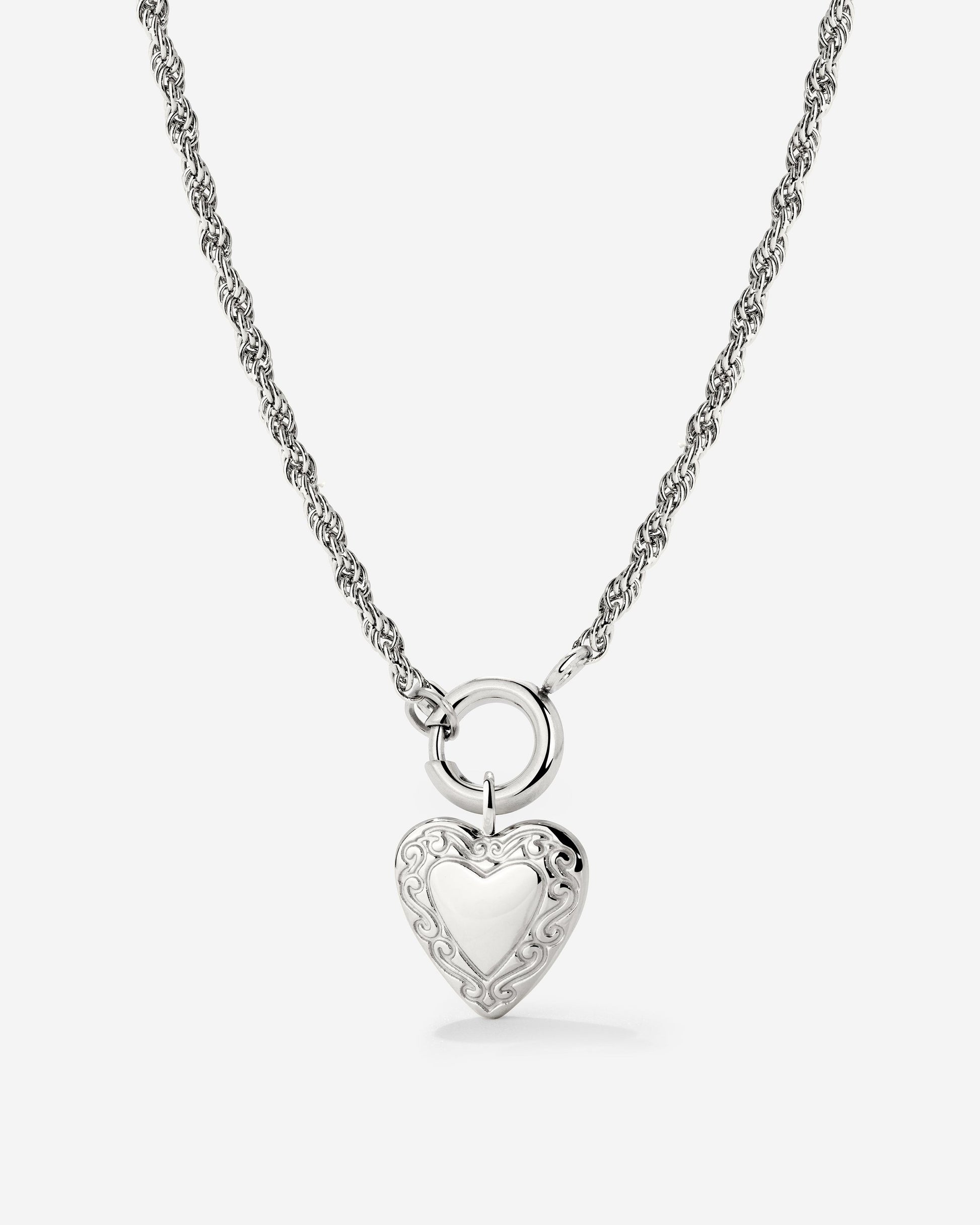 Vintage Heart Rope Chain Necklace Set Silver