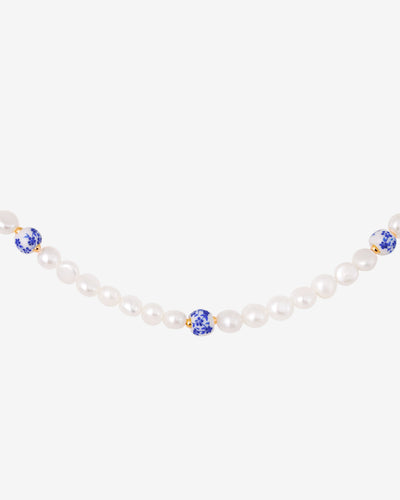 Flower Tile Pearl Necklace Rose Gold