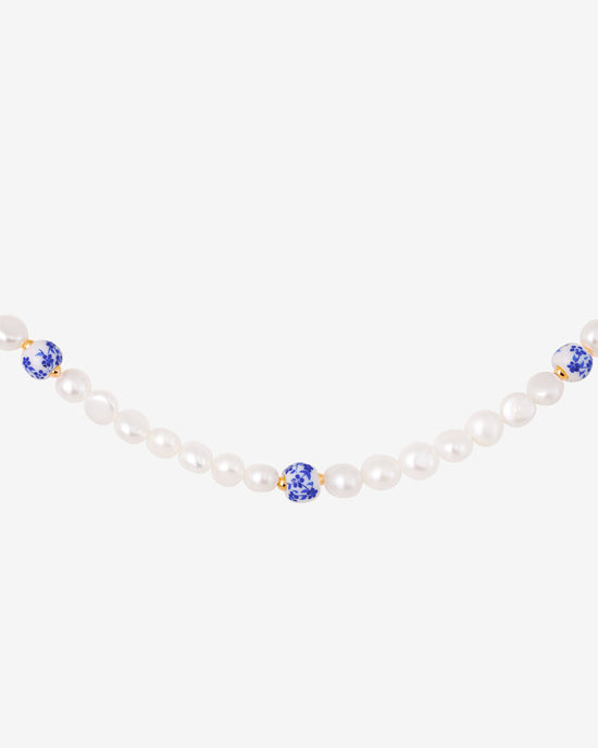 Flower Tile Pearl Necklace Rose Gold