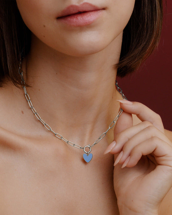 Blue Heart Oval Links Necklace Set Silver