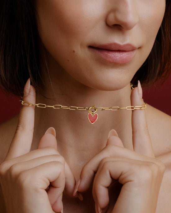 Red Heart Oval Links Necklace Set Gold