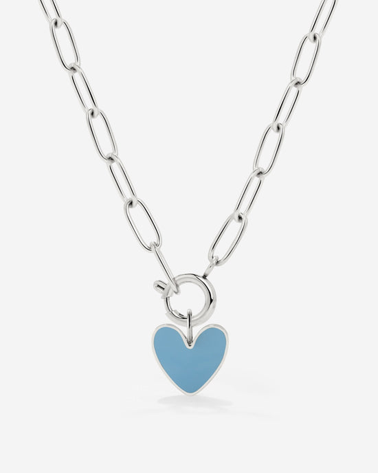 Blue Heart Oval Links Necklace Set Silver