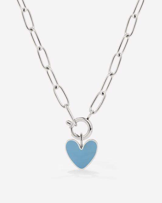 Blue Heart Oval Links Necklace Set Silver