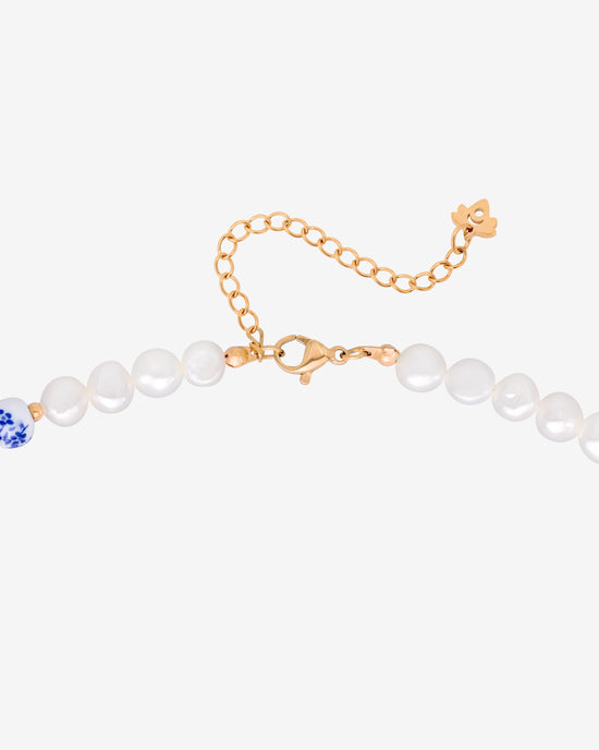 Flower Tile Pearl Necklace Rose Gold