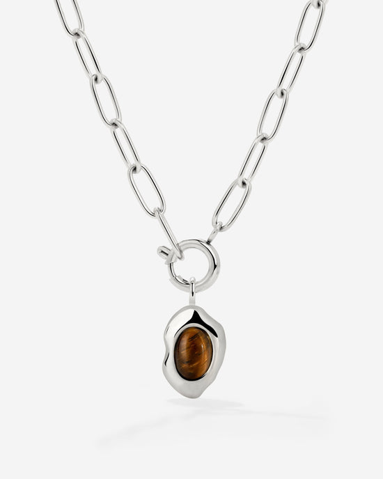 Tiger's Eye Oval Links Necklace Set Silver
