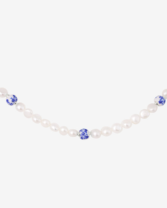 Flower Tile Pearl Necklace Silver