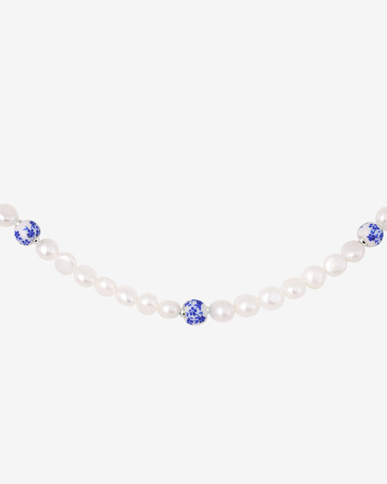 Flower Tile Pearl Necklace Silver
