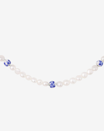 Flower Tile Pearl Necklace Silver