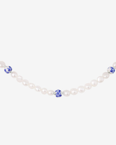 Flower Tile Pearl Necklace Silver
