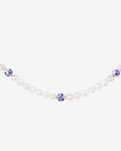 Flower Tile Pearl Necklace Gold