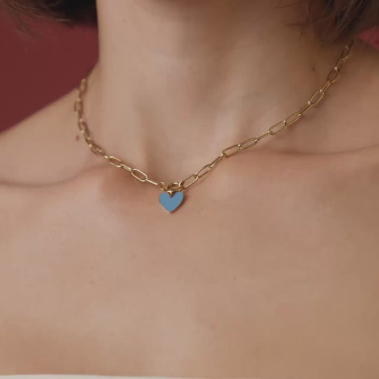 Blue Heart Oval Links Necklace Set Rose Gold