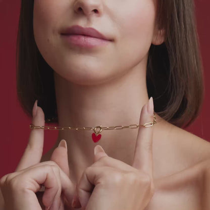 Red Heart Oval Links Necklace Set Silver