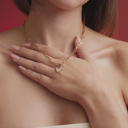 Pink Heart Oval Links Necklace Set Silver